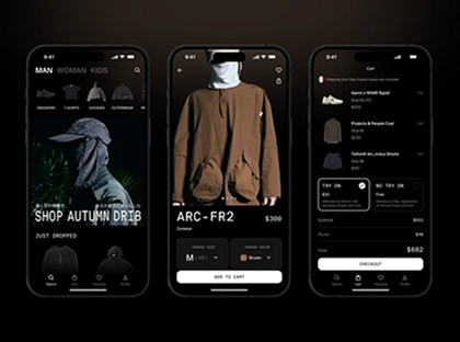 mobile-shopping-app-displaying-men’s-clothing; dark-interface; detailed-pricing; large-imagery