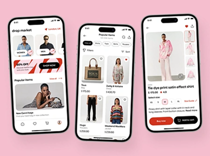 stylish-mobile-fashion-marketplace; three-screens-displaying-product categories-popular items-and-detailed-item-pages; soft-pink tones; clothes-and-accessories