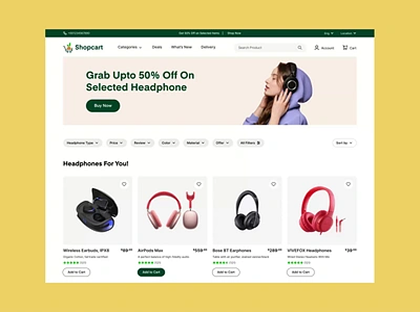 e-commerce-page-of-headphones; promoting-discounts-on-headphones; woman-wearing-large-over-ear-headphones; various-headphone-models-with-prices; add-to-cart-buttons